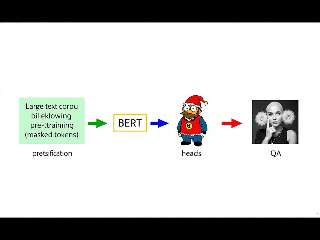 BERT pipeline: large text corpus → bidirectional Transformer encoder pretraining (masked tokens) → fine-tuning heads for classification, NER, and QA; contrast strip vs GPT next-token and vs image models.