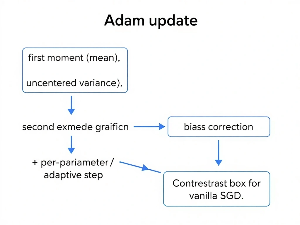 Adam update flowchart: gradient → first moment (mean) and second moment (uncentered variance) → bias correction → per-parameter adaptive step; contrast box for vanilla SGD.