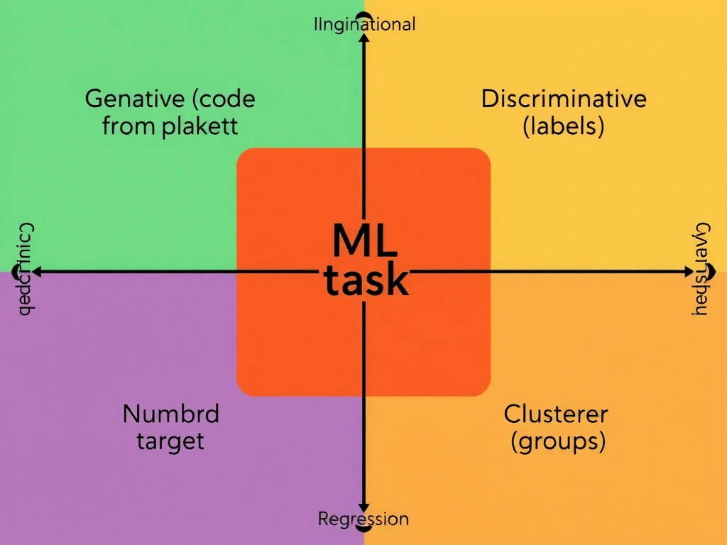 Four-quadrant ML task map: generative (code from prompt), discriminative (labels), regression (numeric target), clustering (groups); highlight LLM code assistant in generative quadrant.