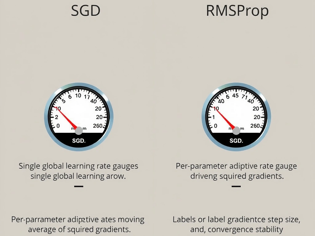 Side-by-side comparison of SGD vs RMSProp: single global learning rate arrow for SGD; per-parameter adaptive rate gauges driven by moving average of squared gradients for RMSProp; labels for gradient scale, step size, convergence stability.