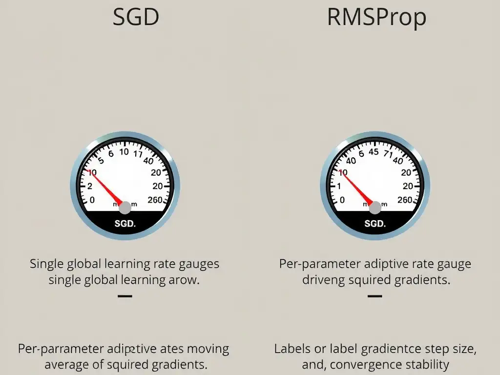 Side-by-side comparison of SGD vs RMSProp: single global learning rate arrow for SGD; per-parameter adaptive rate gauges driven by moving average of squared gradients for RMSProp; labels for gradient scale, step size, convergence stability.