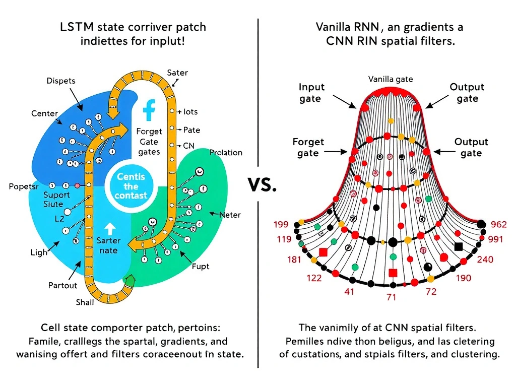 LSTM cell diagram highlighting cell state conveyor path, forget gate, input gate, output gate, and contrast callouts vs vanilla RNN vanishing gradients, CNN spatial filters, and clustering.