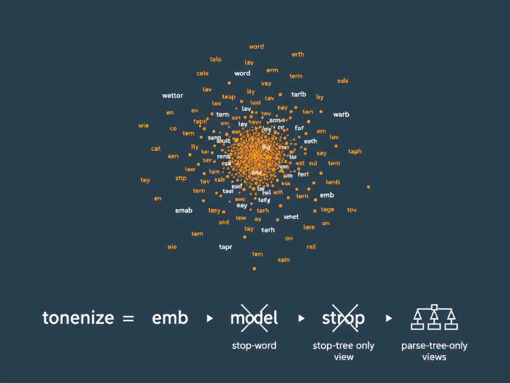 2D embedding space scatter of word vectors with clusters for related terms; pipeline strip showing tokenize → embed → model; crossed-out icons for stop-word removal and parse-tree-only views.
