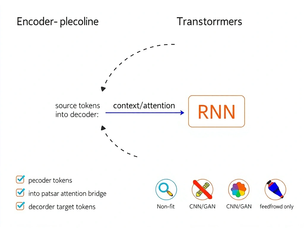 Encoder–decoder translation pipeline: source tokens into encoder, context/attention bridge, decoder emitting target tokens; side notes marking RNN vs transformer variants and non-fit icons for CNN/GAN/feedforward-only.