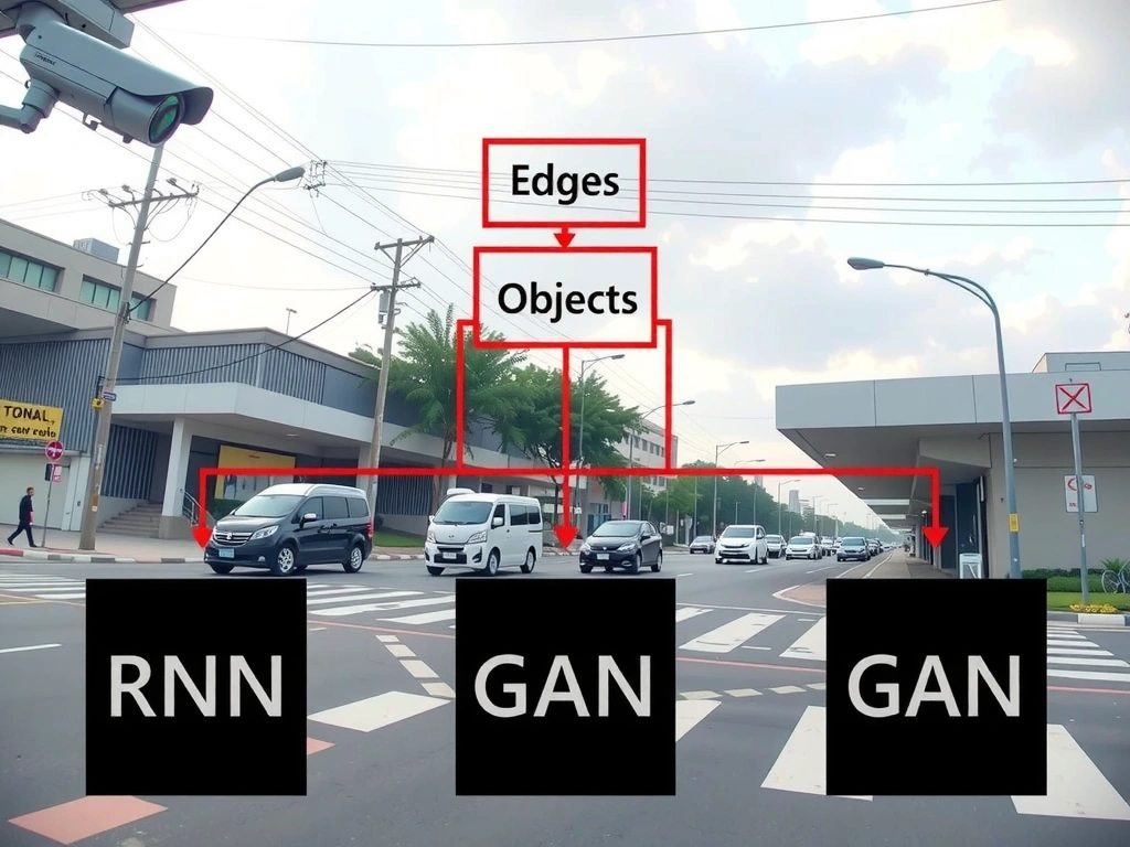 Surveillance camera frame with CNN feature hierarchy (edges → parts → objects) and bounding boxes on vehicles/pedestrians; reject icons for RNN-text-only, GAN generation, and flat fully connected pixel nets.