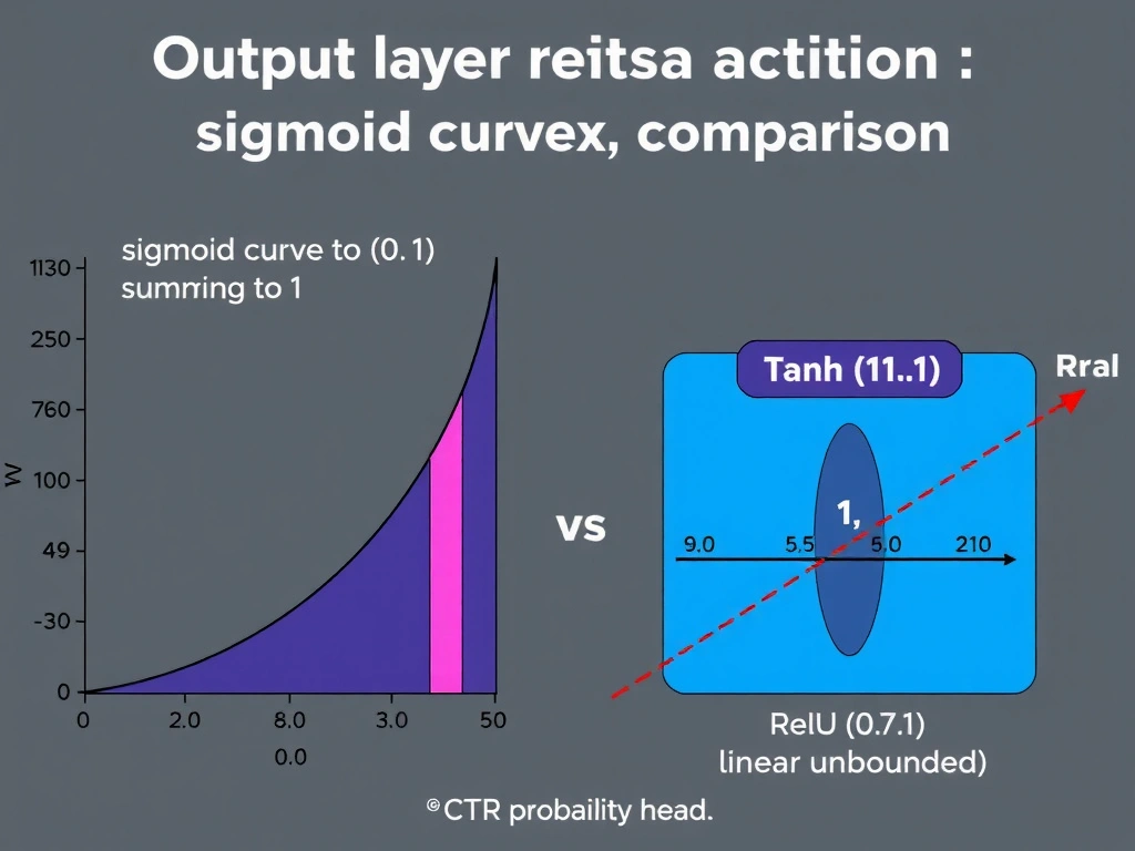 Output-layer activation comparison chart: sigmoid curve to (0,1), softmax bar distribution summing to 1, vs tanh (−1,1), linear unbounded, ReLU [0,∞); label “CTR probability head.”