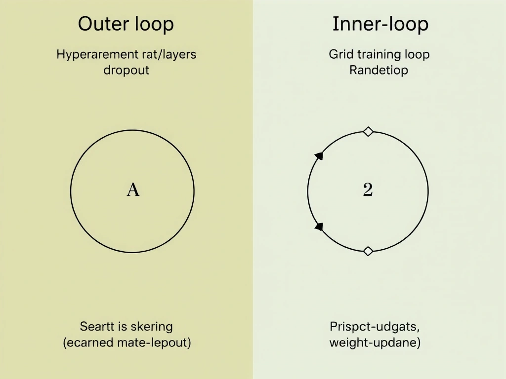 Outer-loop vs inner-loop diagram: hyperparameter search over learning rate/layers/dropout surrounding an inner training loop that updates weights; icons for grid/random/Bayesian search; contrast with preprocessing and weight-update steps.