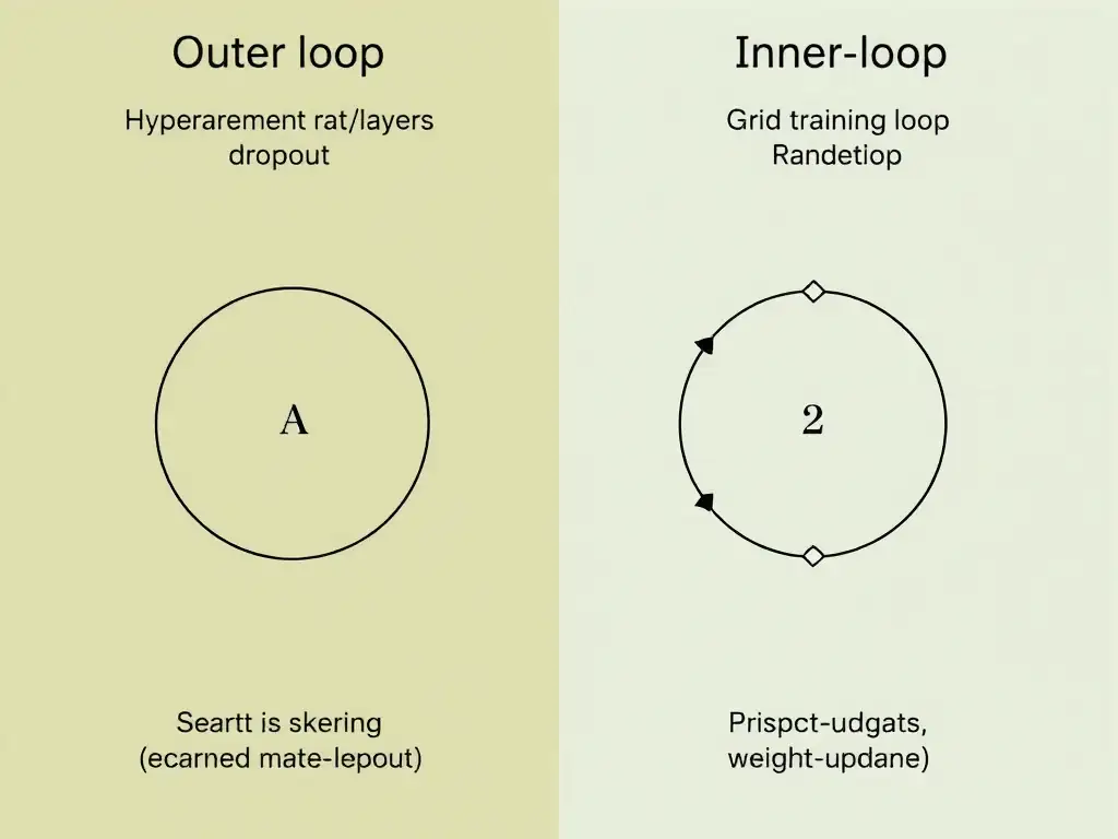 Outer-loop vs inner-loop diagram: hyperparameter search over learning rate/layers/dropout surrounding an inner training loop that updates weights; icons for grid/random/Bayesian search; contrast with preprocessing and weight-update steps.