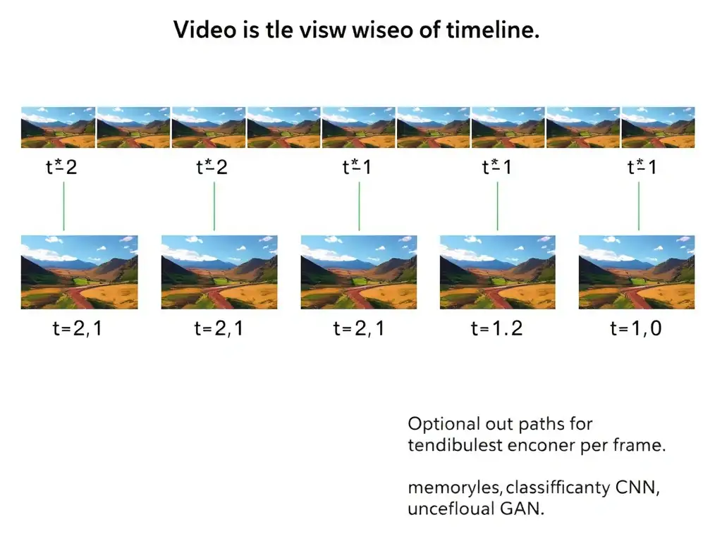 Video timeline of frames t−2, t−1, t predicting t+1; temporal block labeled RNN/LSTM or transformer; optional CNN spatial encoder per frame; crossed-out paths for memoryless feedforward, classification-only CNN, unconditional GAN.
