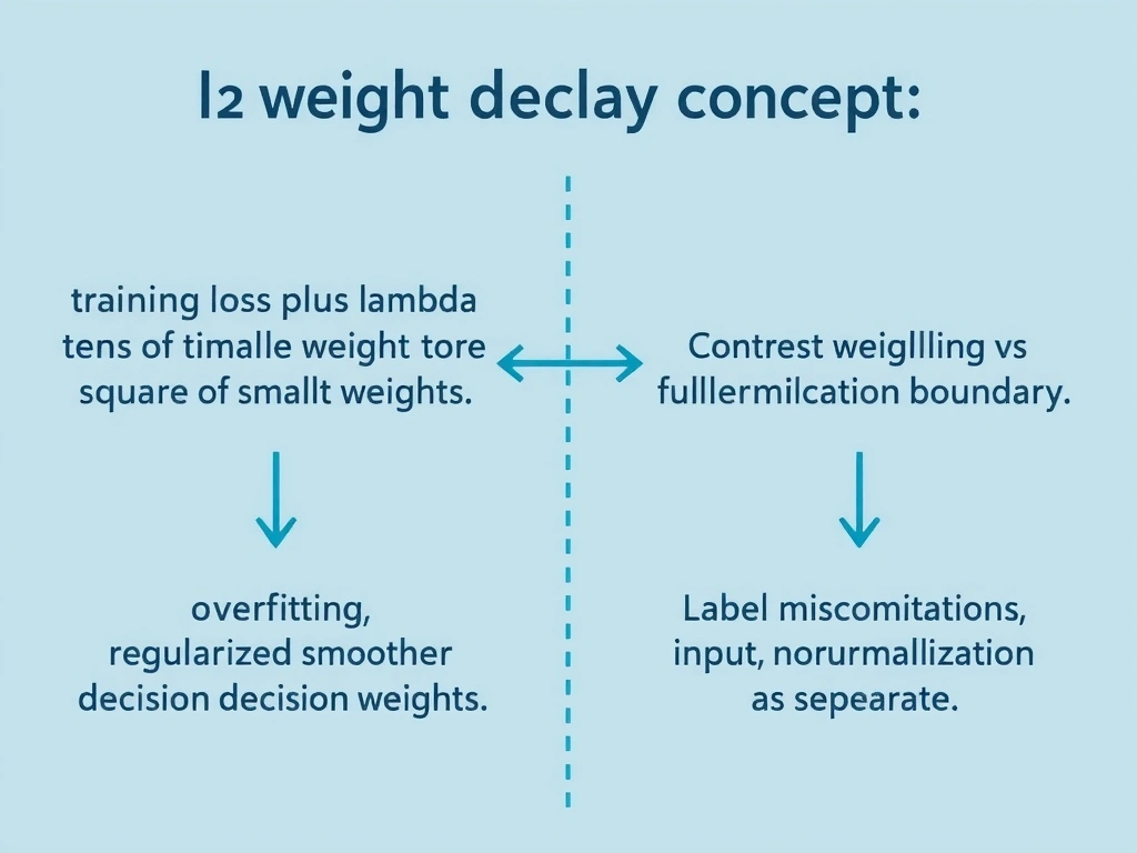 L2 weight decay concept: training loss plus lambda times sum of squared weights; arrow from large weights to smaller weights; contrast overfitting vs regularized smoother decision boundary; label misconceptions learning rate, fewer layers, input normalization as separate.