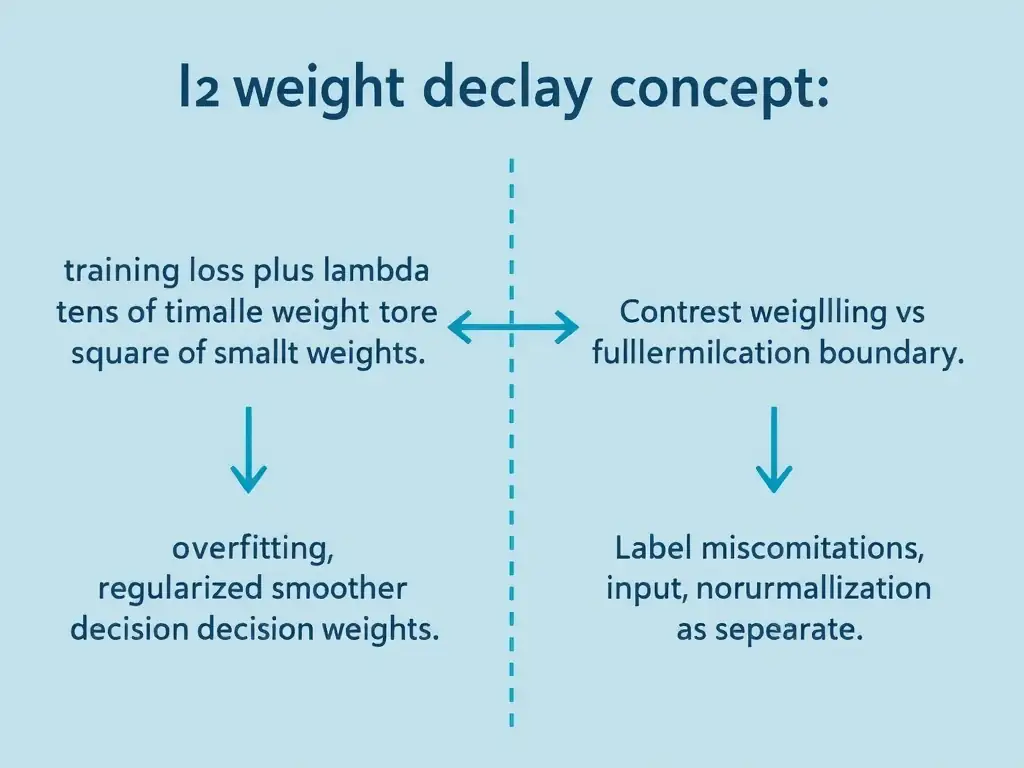 L2 weight decay concept: training loss plus lambda times sum of squared weights; arrow from large weights to smaller weights; contrast overfitting vs regularized smoother decision boundary; label misconceptions learning rate, fewer layers, input normalization as separate.