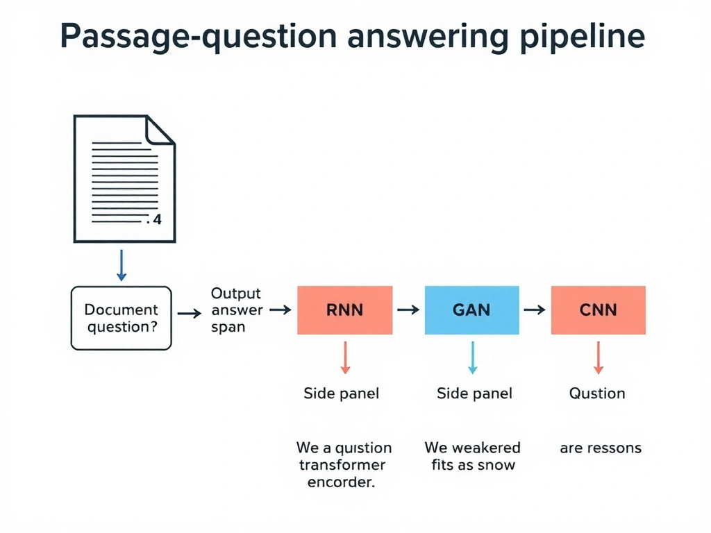 Passage-question answering pipeline: document and question enter a transformer encoder with attention links; output answer span; side panel marking RNN, GAN, CNN as weaker fits with short reasons.