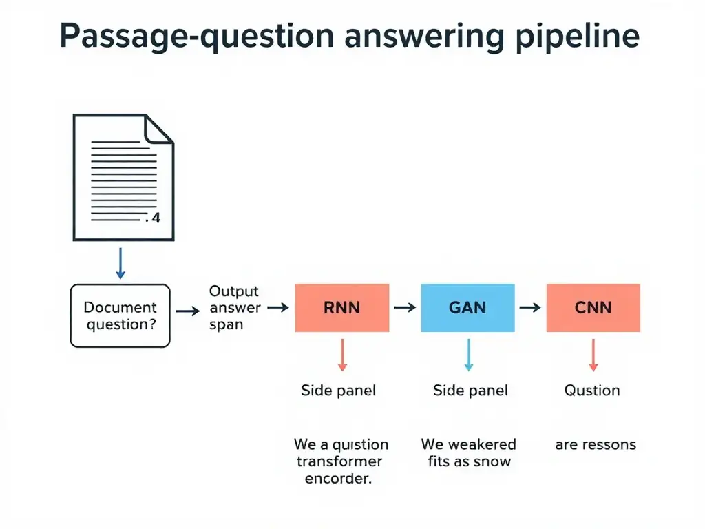 Passage-question answering pipeline: document and question enter a transformer encoder with attention links; output answer span; side panel marking RNN, GAN, CNN as weaker fits with short reasons.