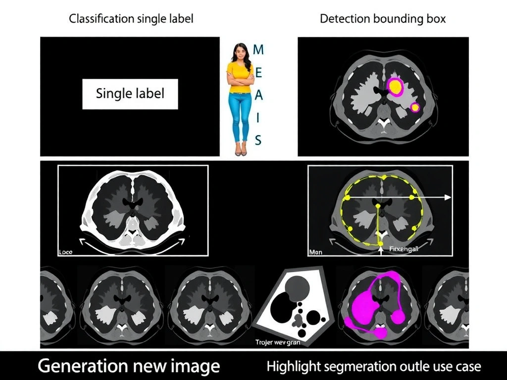 Four CV task comparison: classification single label, detection bounding box, segmentation pixel mask on tumor scan, generation new image; highlight segmentation path for medical outline use case.