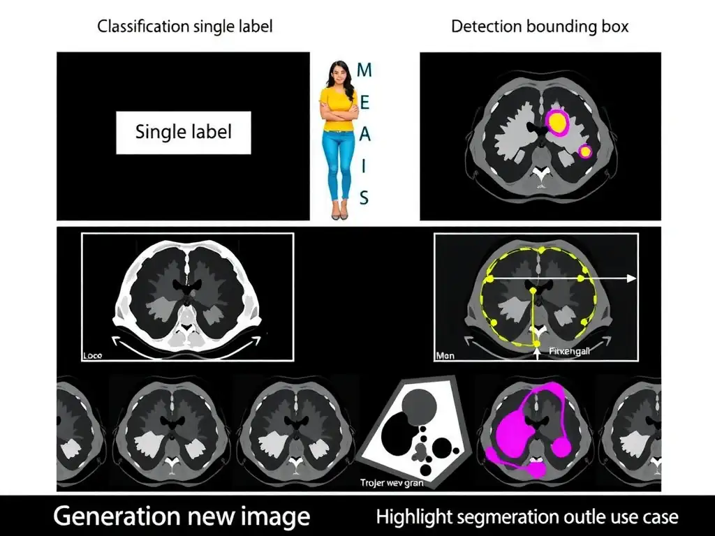 Four CV task comparison: classification single label, detection bounding box, segmentation pixel mask on tumor scan, generation new image; highlight segmentation path for medical outline use case.