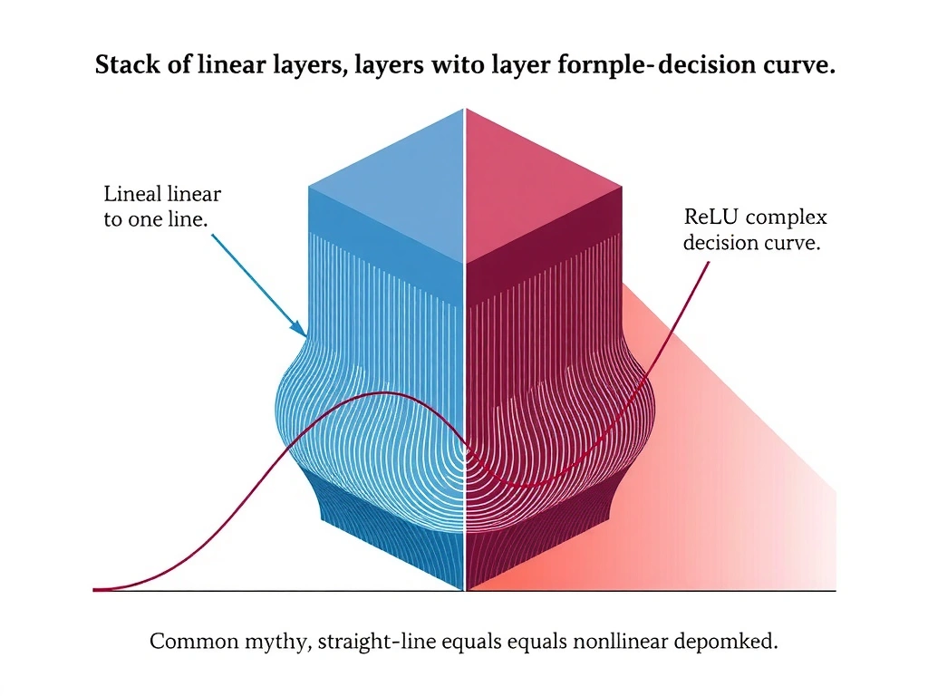 Diagram: stack of linear layers collapsing to one line vs layers with ReLU bends forming complex decision curve; labels expressivity, common myth straight-line equals nonlinear debunked.