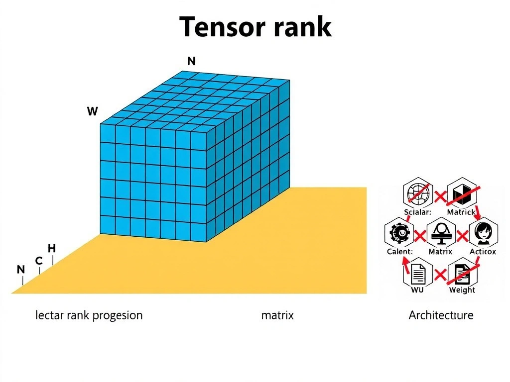 Tensor rank progression: scalar, vector, matrix, 3D batch cube with labels N,C,H,W; note tensors hold data and weights; crossed-out icons for learning rate and architecture.