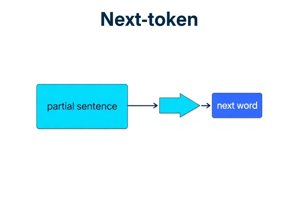 Next-token language model flow: partial sentence tokens into RNN/transformer block, arrow to predicted next word; reject icons for CNN, GAN, orderless MLP with brief captions.