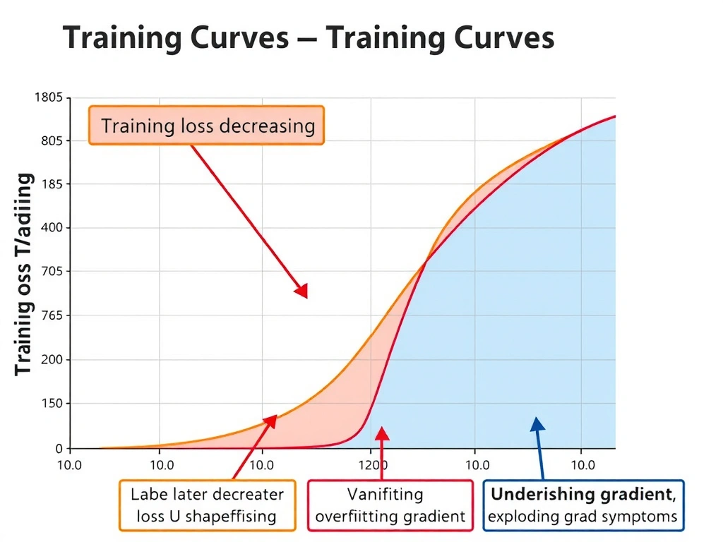 Training curves chart: training loss decreasing, validation loss U-shape rising; label overfitting region; small callouts distinguishing vanishing gradient, underfitting, exploding gradient symptoms.