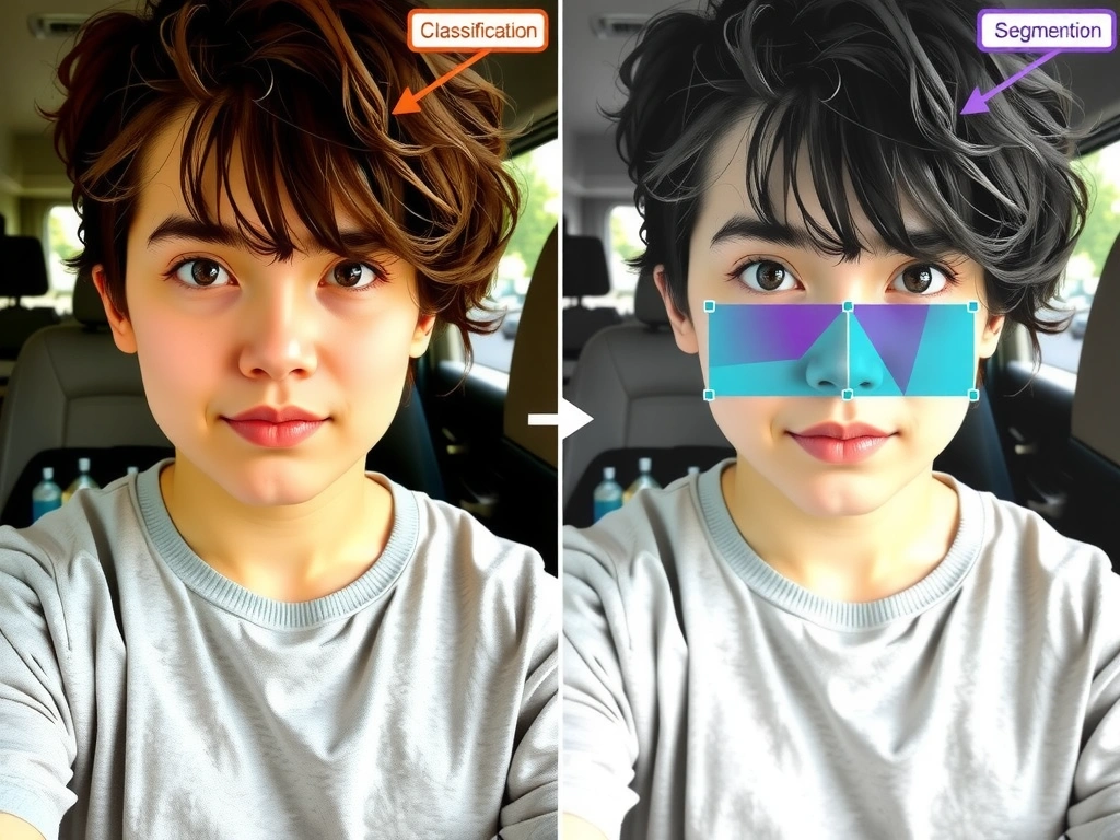 Side-by-side: original photo, classification tag, detection boxes, segmentation color mask, generated image; arrow emphasizing segmentation as per-pixel labels.
