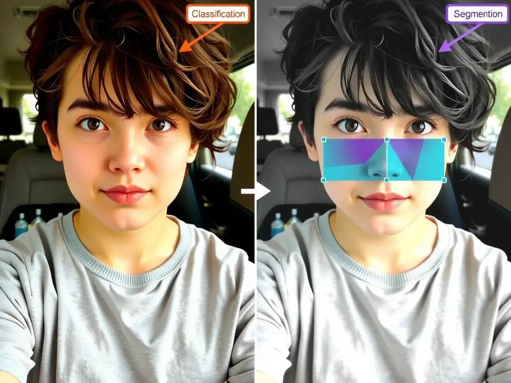 Side-by-side: original photo, classification tag, detection boxes, segmentation color mask, generated image; arrow emphasizing segmentation as per-pixel labels.