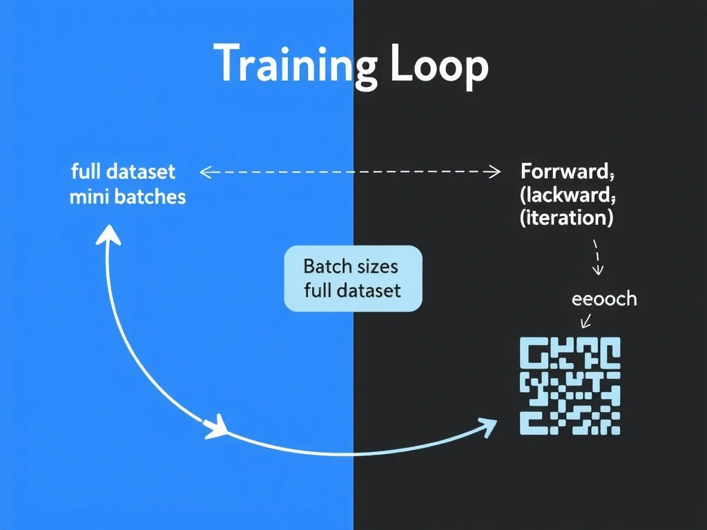 Training loop diagram: full dataset split into mini-batches; one batch enters forward/backward/update; labels batch size, iteration, epoch; contrast vs full dataset and single example.