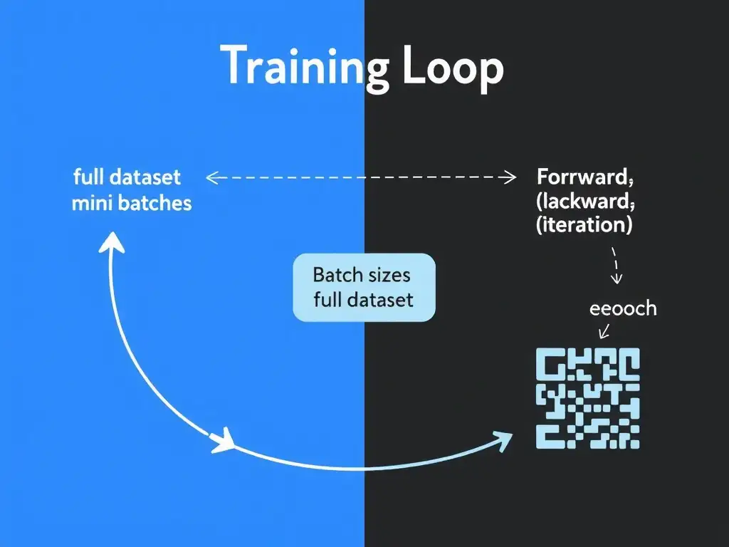 Training loop diagram: full dataset split into mini-batches; one batch enters forward/backward/update; labels batch size, iteration, epoch; contrast vs full dataset and single example.