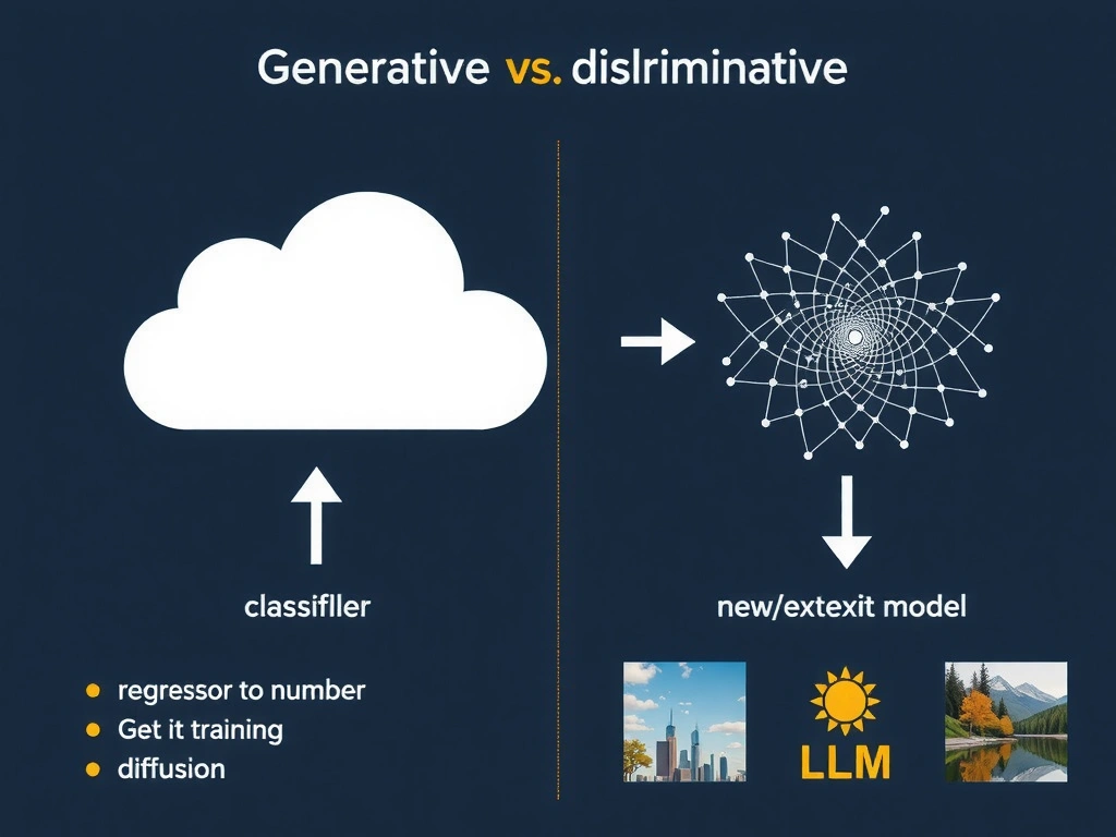 Generative vs discriminative split: classifier arrow to labels, regressor to number, generative model arrow to new text/image samples from training distribution cloud; icons for LLM and image diffusion.
