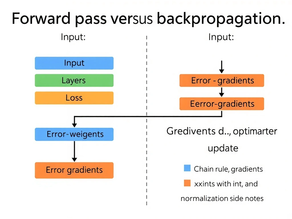 Forward pass versus backpropagation diagram: input through layers to loss, then error gradients flowing backward to weights; label chain rule, gradients, optimizer update; contrast with init and normalization side notes.