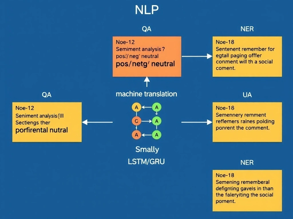 NLP task map: sentiment analysis (pos/neg/neutral) highlighted versus QA, machine translation, NER; small LSTM/GRU cell with gates remembering earlier tokens in a social comment.