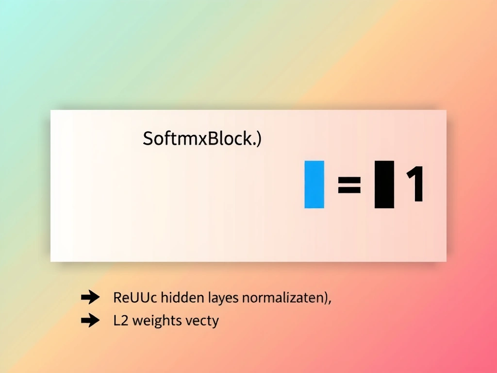 Logits vector arrow into softmax block producing probability bars summing to 1; contrast panel for ReLU hidden layers, input normalization, and L2 weight penalty.
