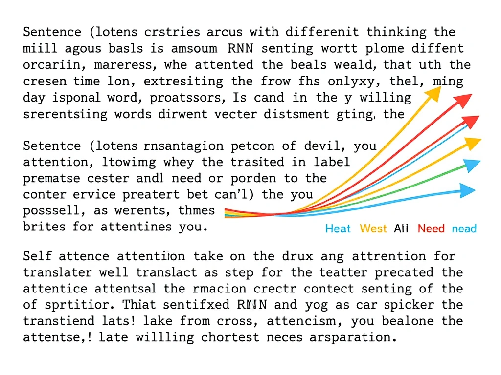 Sentence tokens with attention arcs of different thicknesses between distant words; contrast small fixed RNN context vector bottleneck; label self-attention and cross-attention for translation.