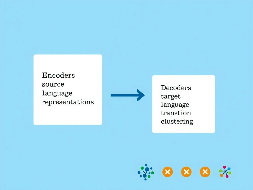 Encoder block reading source language tokens into representations; decoder block emitting target language tokens; arrow labeled machine translation; small crossed-out icons for regression and clustering.