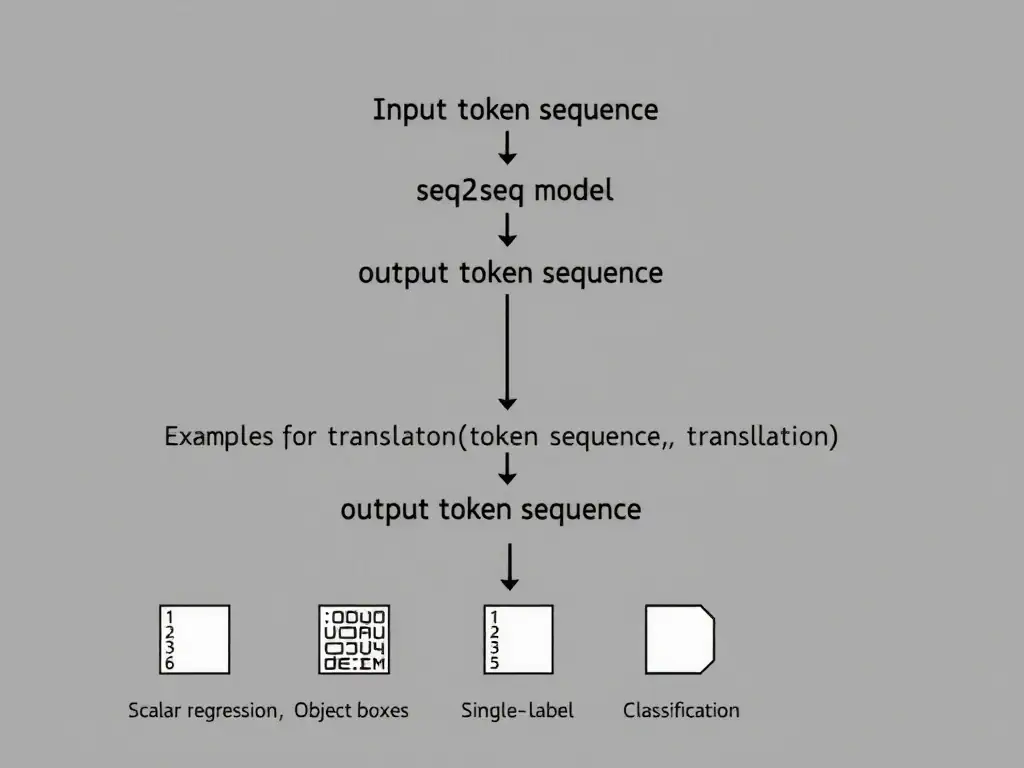 Flow diagram: input token sequence → seq2seq model → output token sequence; examples translation and summarization; contrast icons for scalar regression, object boxes, and single-label classification.