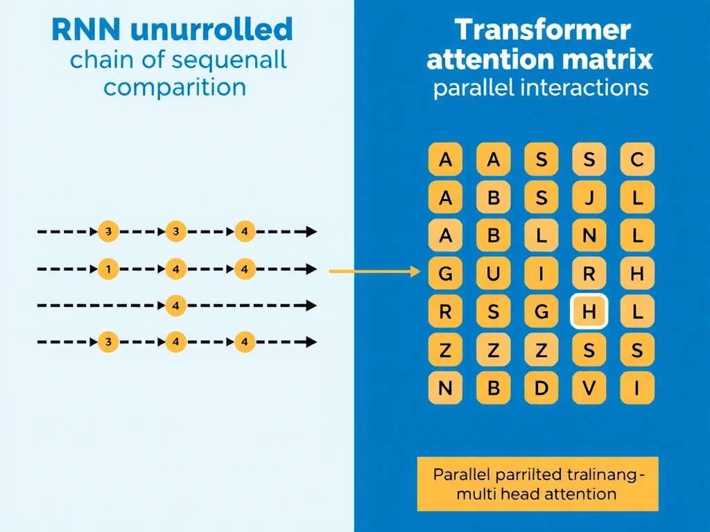 Comparison graphic: RNN unrolled chain of sequential steps versus Transformer attention matrix enabling parallel token interactions; labels parallel training and multi-head attention.