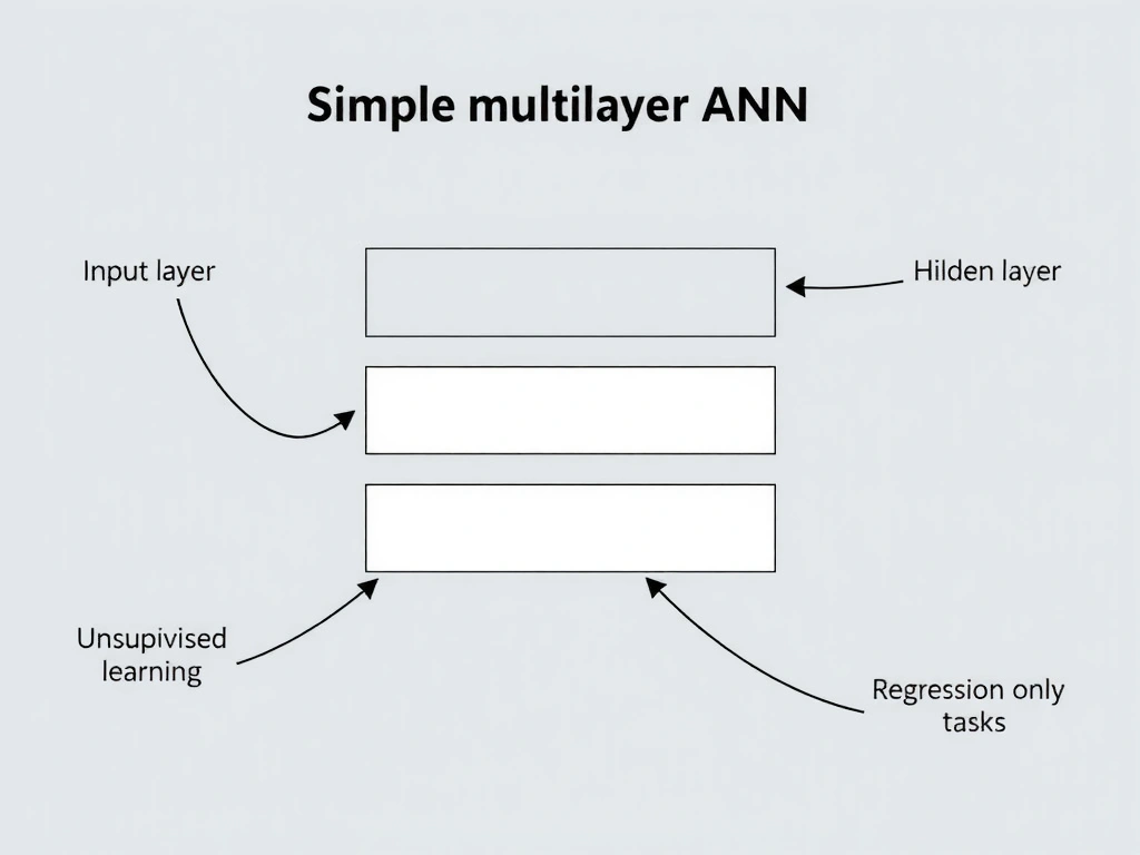 Diagram of a simple multilayer ANN: input layer, hidden layers, output layer; arrows for weighted connections; callouts distinguishing ANN structure vs unsupervised learning vs symbolic rules vs regression-only tasks.