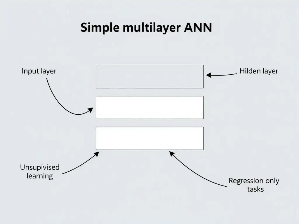 Diagram of a simple multilayer ANN: input layer, hidden layers, output layer; arrows for weighted connections; callouts distinguishing ANN structure vs unsupervised learning vs symbolic rules vs regression-only tasks.