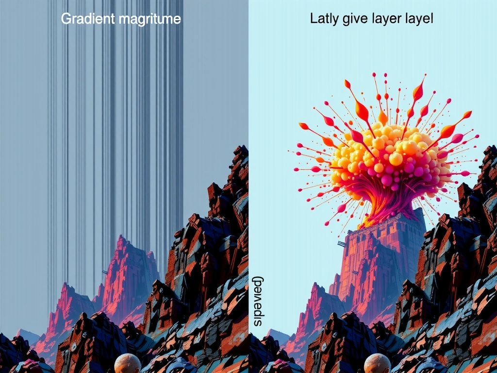 Side-by-side: gradient magnitude shrinking through many RNN time steps (vanishing) vs growing (exploding); label early vs late layers; note mitigations LSTM/GRU, residuals, ReLU.