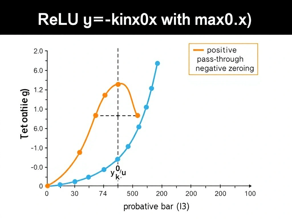 Plot of ReLU y=max(0,x) with kink at origin; small comparison icons for sigmoid curve and softmax probability bars; label positive pass-through and negative zeroing.