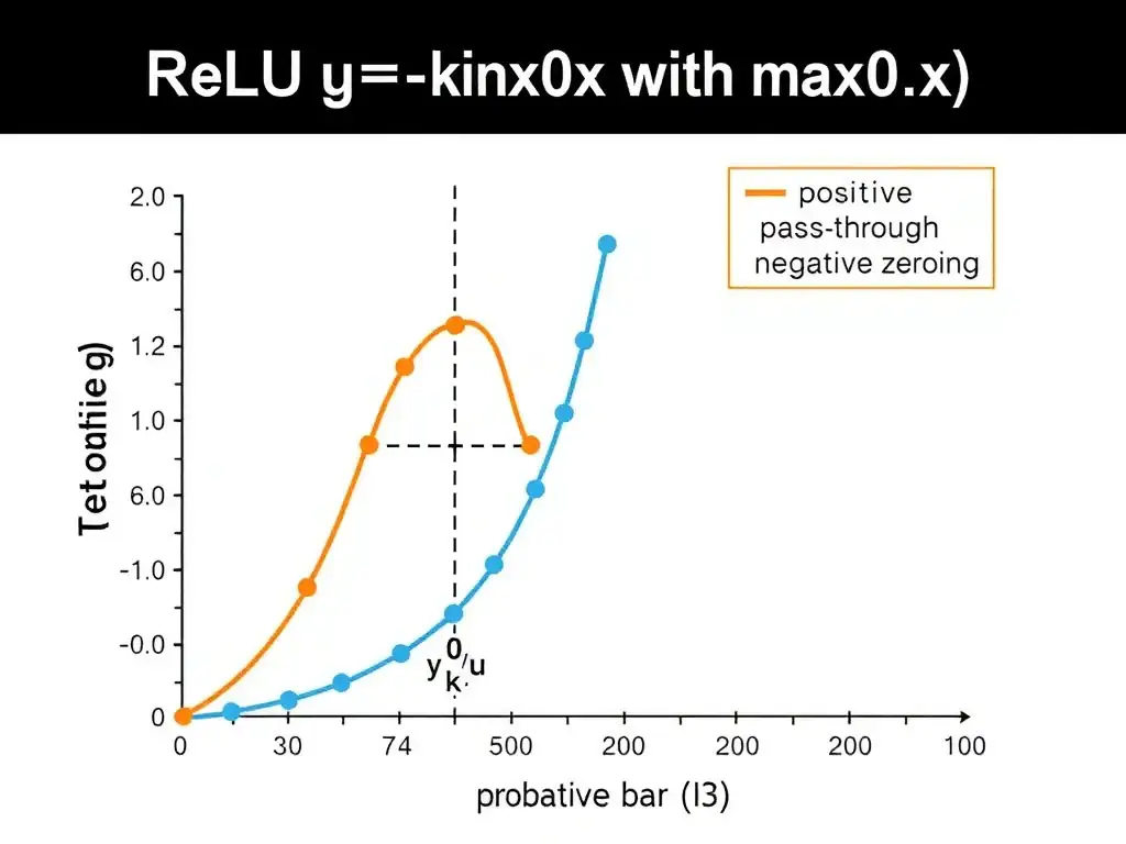 Plot of ReLU y=max(0,x) with kink at origin; small comparison icons for sigmoid curve and softmax probability bars; label positive pass-through and negative zeroing.