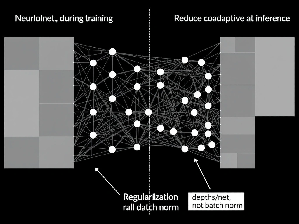 Neural net diagram with some neurons grayed out during training vs all active at inference; labels: regularization, reduce co-adaptation, not depth/not activation/not batch norm.