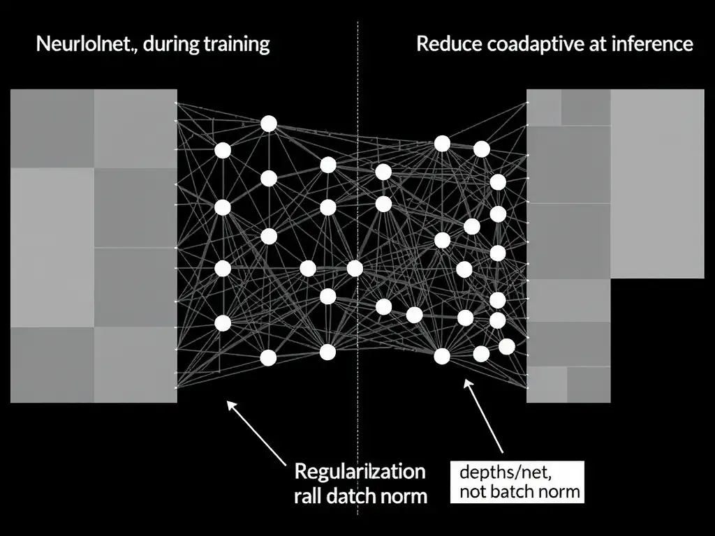 Neural net diagram with some neurons grayed out during training vs all active at inference; labels: regularization, reduce co-adaptation, not depth/not activation/not batch norm.
