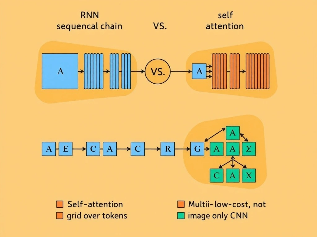 Compare RNN sequential chain vs transformer self-attention grid over tokens; highlight parallel computation and multi-head attention; note not low-cost, not image-only CNN.