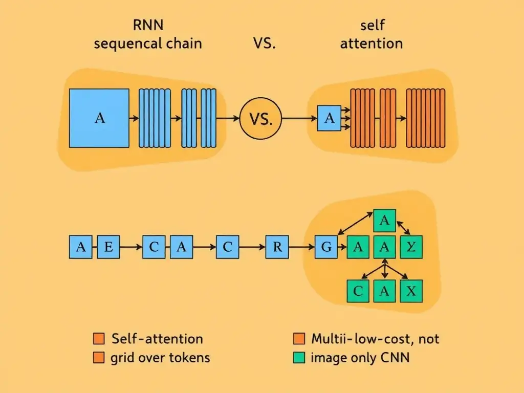 Compare RNN sequential chain vs transformer self-attention grid over tokens; highlight parallel computation and multi-head attention; note not low-cost, not image-only CNN.