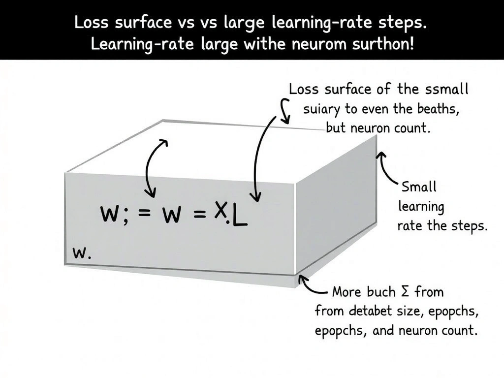 Loss surface with arrows showing small vs large learning-rate steps; formula w := w - η∇L; side notes distinguishing η from dataset size, epochs, and neuron count.
