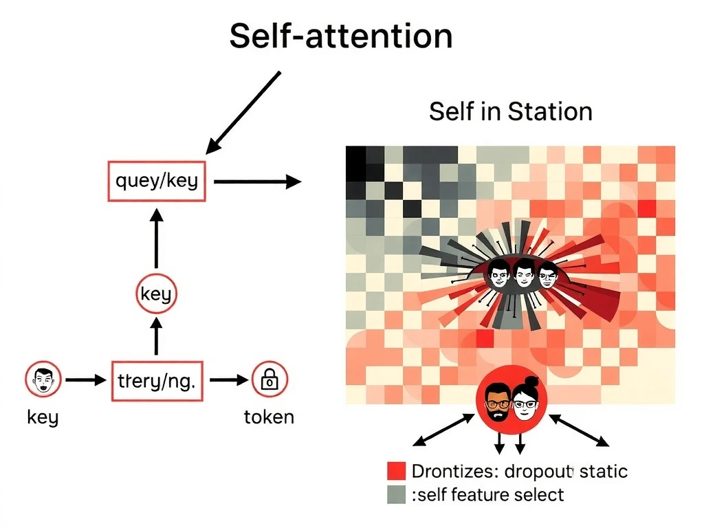 Self-attention schematic: query/key/value arrows between tokens, heat-map of attention weights, multi-head note; contrast icons for dropout and static feature selection.