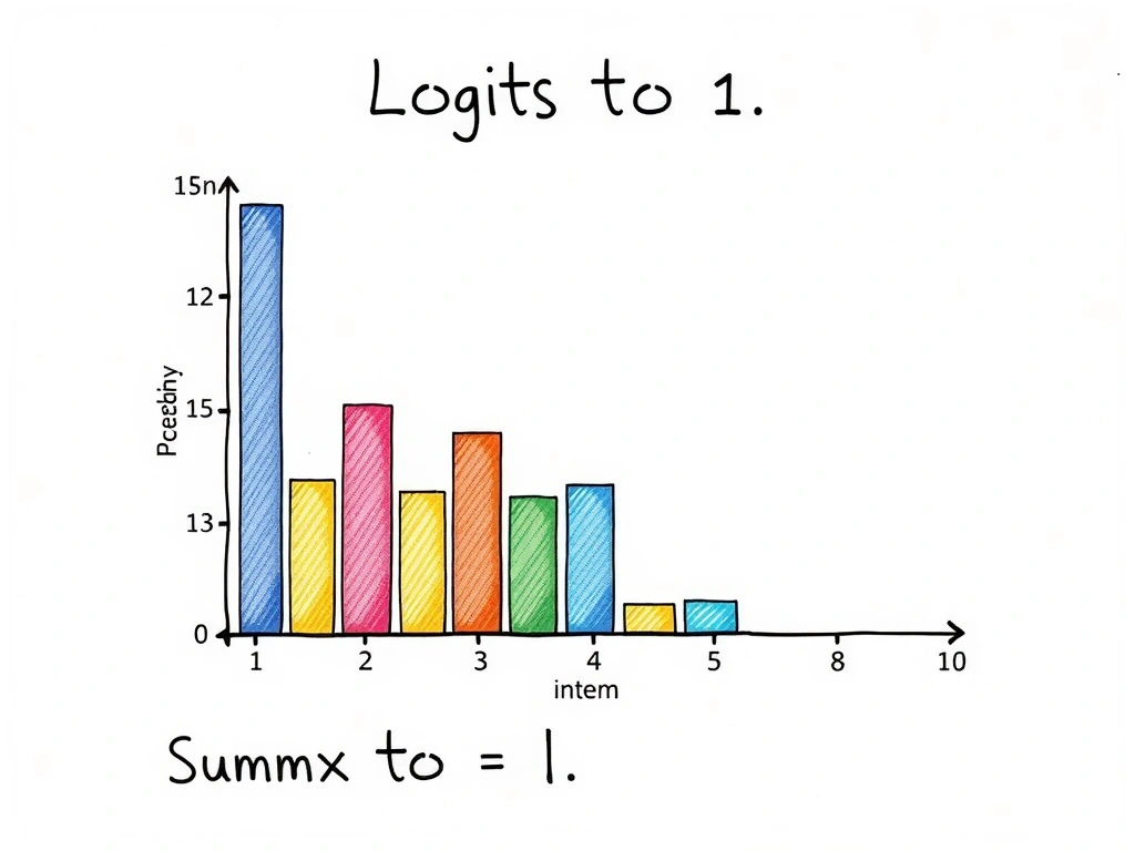 Logits bar chart transforming via softmax into probability bars summing to 1; formula sketch; note difference from argmax label, Boolean, and integer counts.