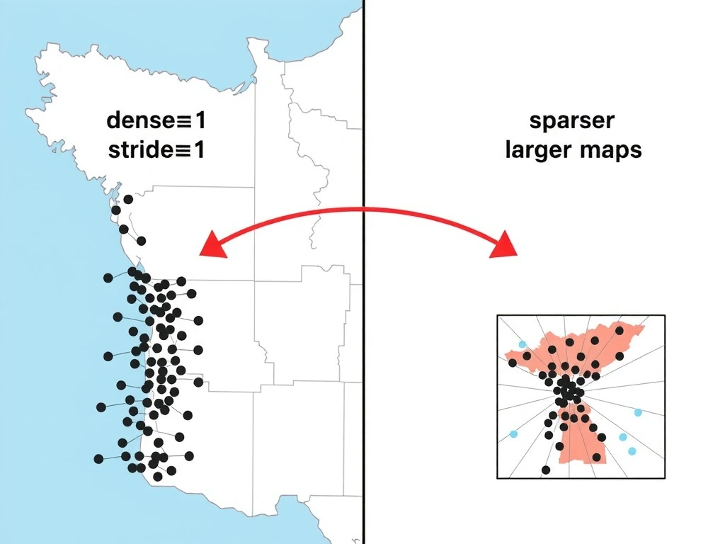 Input feature map with a filter sliding; arrows labeled stride=1 vs stride=2 showing denser vs sparser application positions and resulting smaller output map for larger stride.