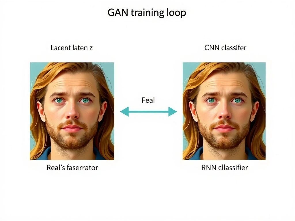 GAN training loop: generator from latent z to face image, discriminator real vs fake, adversarial arrows; side panel showing CNN classifier and RNN as non-generative for this task.