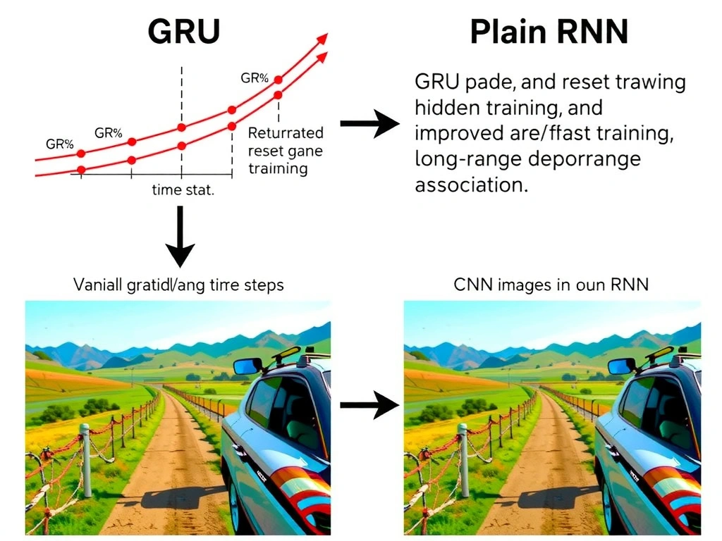 GRU vs plain RNN comparison: vanishing gradient along time steps; GRU update and reset gates controlling hidden state; arrow showing simpler/faster training and improved long-range dependency handling; contrast with CNN image path as incorrect association.